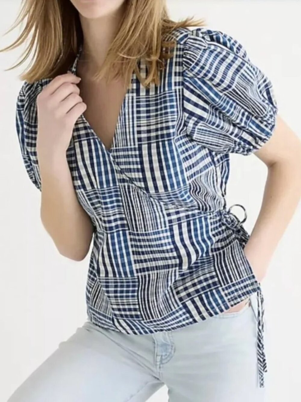 J. Crew Puff Sleeve Patchwork Denim Wrap Shirt